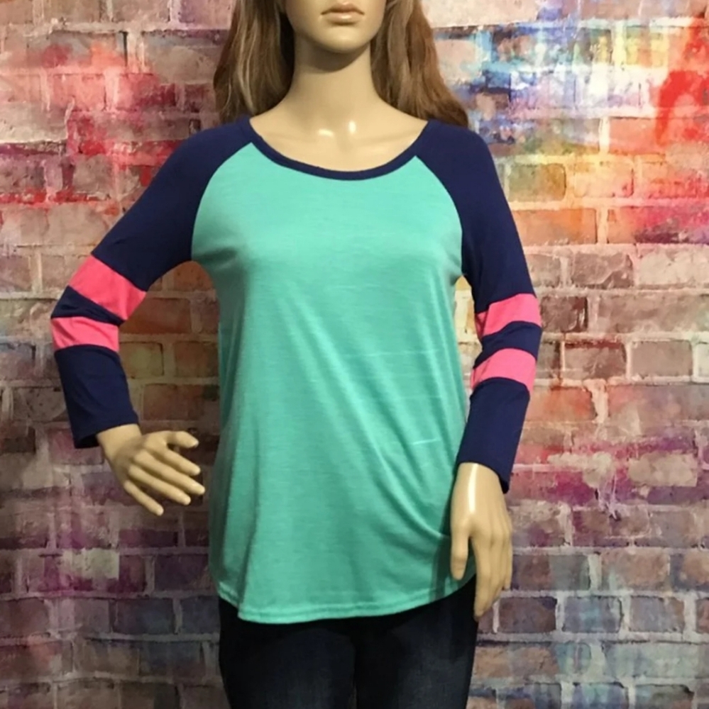 Mint green top with pink stripes